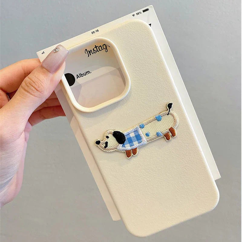 Korean Cute 3D Cartoon Embroidery Dog Phone Case For iPhone 16 15 14 13 11 12 Pro Max Plus Funny Puppy Leather Pattern Cover
