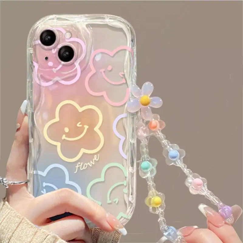 Phone Case For iPhone 16 15 Pro Max 14 11 13 12 Mini XR 8 7 Plus X XS SE 2020 2022 Back Cover Flower Bracelet Wrist Chain Strap
