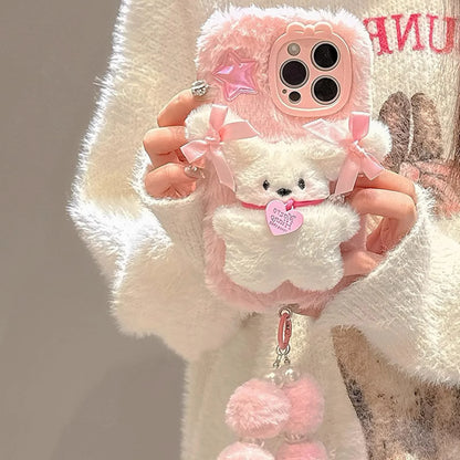 Pink Plush 3D Doll Case with Chain Cute Cell Phone Accessories For iPhone 16 15 14 13 12 11 Pro Max