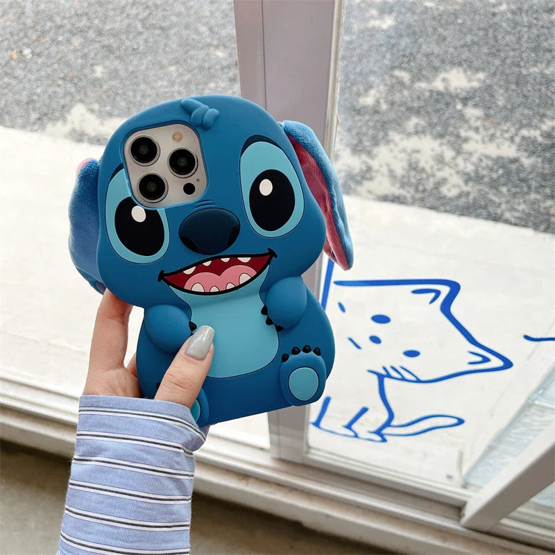 For iPhone 16 promax 15 14 Pro Max 13 12 11 Cases So Cute 3D Cartoon Stitch Phone Case Soft Silicone Fur Plush Ear Strap Cover