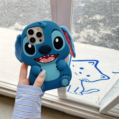 For iPhone 16 promax 15 14 Pro Max 13 12 11 Cases So Cute 3D Cartoon Stitch Phone Case Soft Silicone Fur Plush Ear Strap Cover