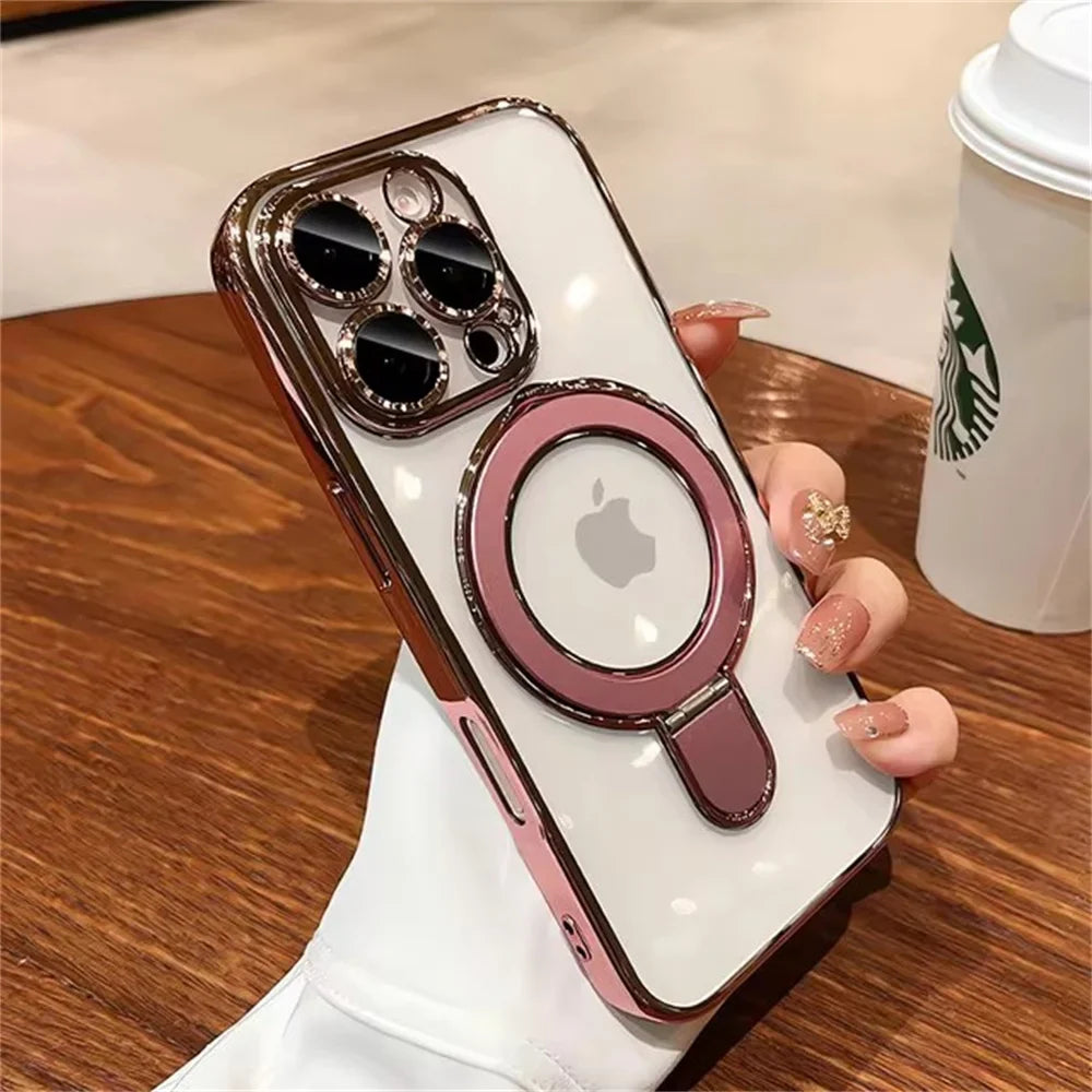 Luxury For Magsafe Bracket Case For iPhone 16 15 14 13 12 11 Pro Max 16 15 Plus Magnetic Ring Stand Holder Clear Acrylic Cover