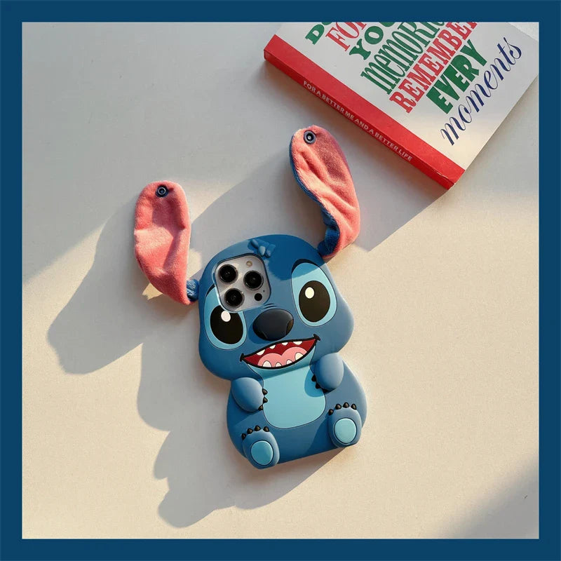 For iPhone 16 promax 15 14 Pro Max 13 12 11 Cases So Cute 3D Cartoon Stitch Phone Case Soft Silicone Fur Plush Ear Strap Cover