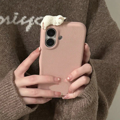 Cute 3D Cartoon Lying Cat Fish Lychee Pattern Leather Phone Case For iPhone 16 15 13 14 12 Pro Max Plus Lovely Soft Back Cover